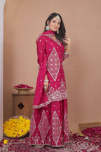 Teeya Creation New Womens Trendy Rani Pink Silk Blend Embroidered Sharara Suit Set With Dupatta | Grocsy