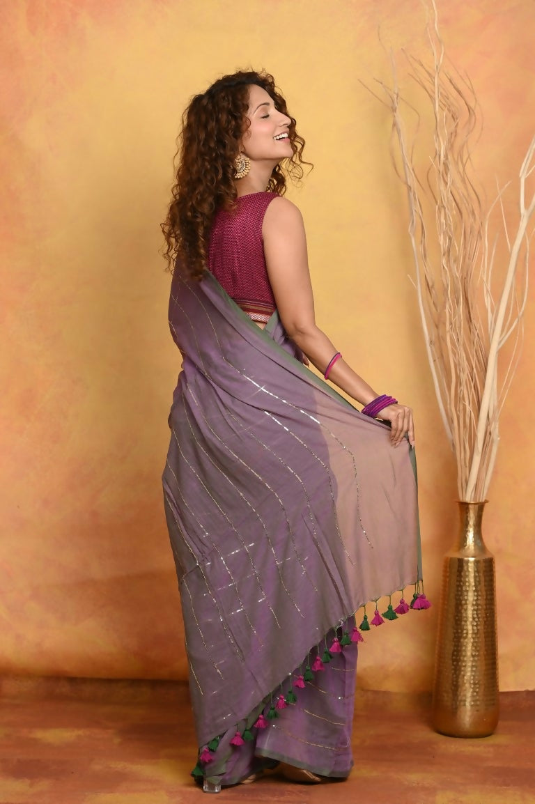 Very Much Indian Designer Mul Cotton Handloom Saree with Sequins - Dual Tone Lavender | Grocsy