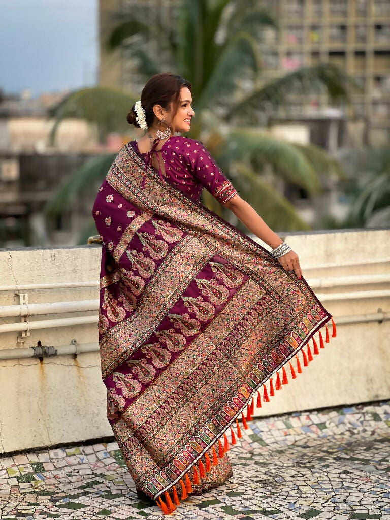 Magenta Pashmina Silk Wevon Kashmiri Meenakari Designer Saree with Unstitched Blouse - Vandini | Grocsy