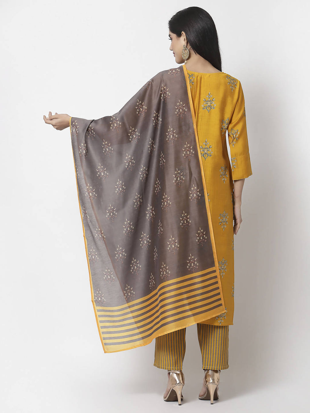Myshka Mustard Viscose Printed 3/4 Sleeve Round Neck Kurta Pant Dupatta Set | Grocsy