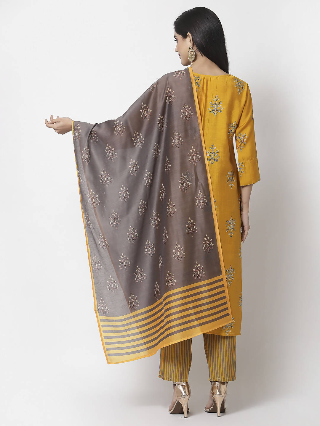 Myshka Mustard Viscose Printed 3/4 Sleeve Round Neck Kurta Pant Dupatta Set | Grocsy