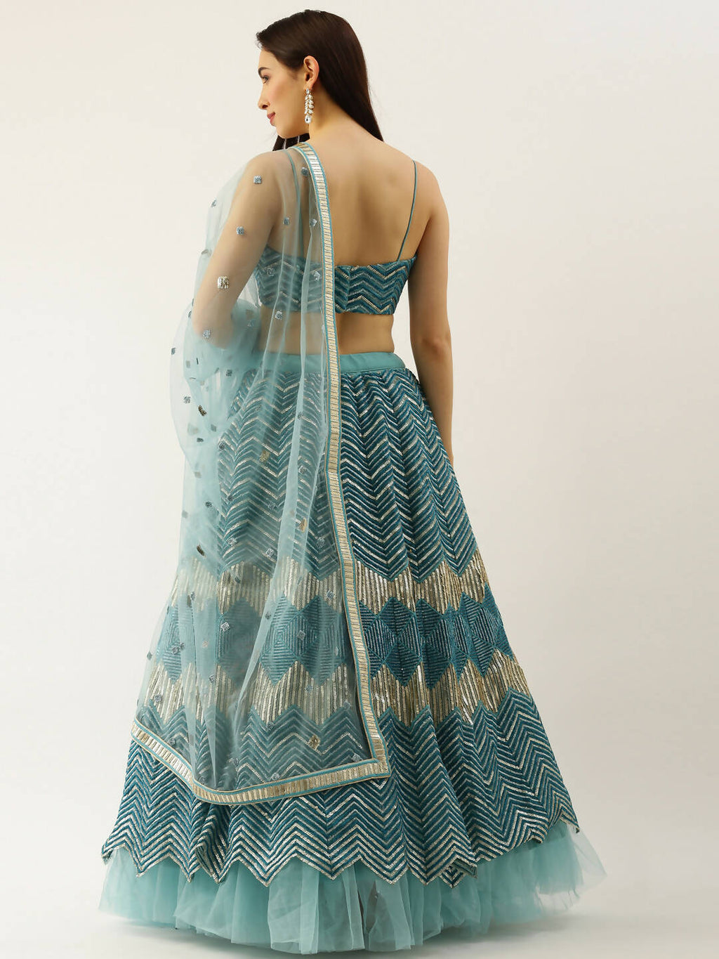 House of Panchhi Women Sea Green Net Zig-Zag Embroideried Lehenga, Blouse & Dupatta | Grocsy