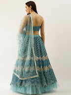 House of Panchhi Women Sea Green Net Zig-Zag Embroideried Lehenga, Blouse & Dupatta | Grocsy