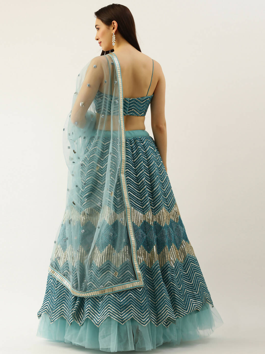 House of Panchhi Women Sea Green Net Zig-Zag Embroideried Lehenga, Blouse & Dupatta | Grocsy