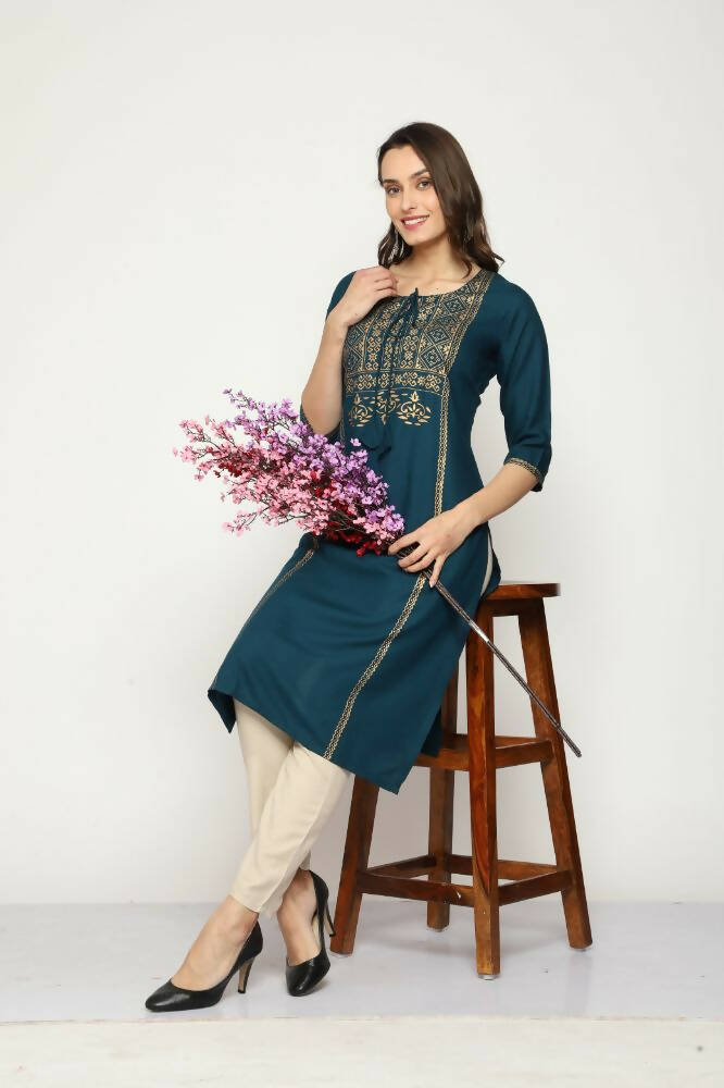 Maai Rayon Hand Printed Kurta Navy | Grocsy
