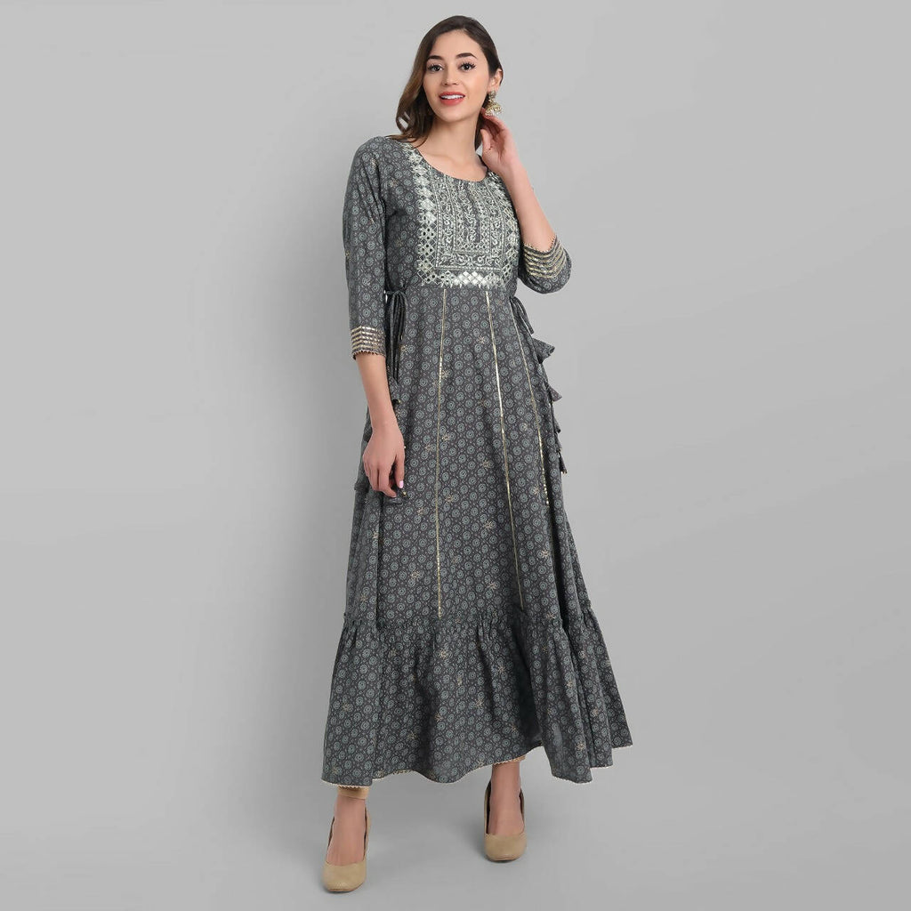 Juniper Grey Rayon Festive Wear Embroidered Tiered Long Dress | Grocsy