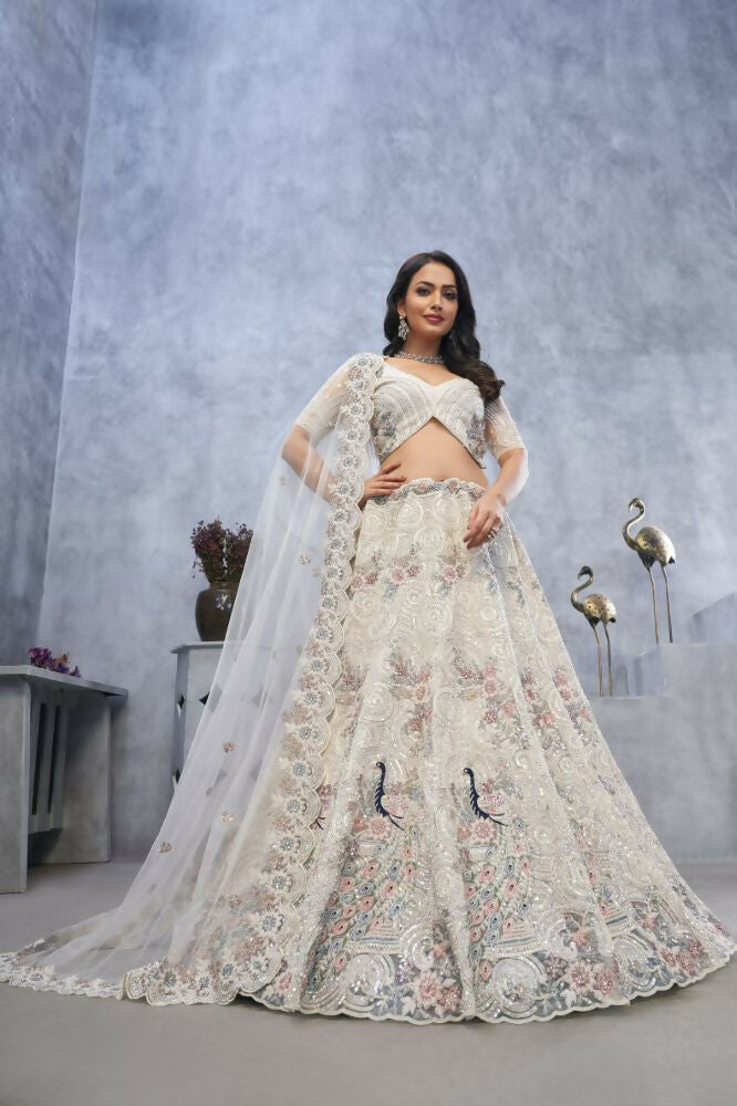Kesar Fab Ivory Net Embroidered Lehenga | Grocsy