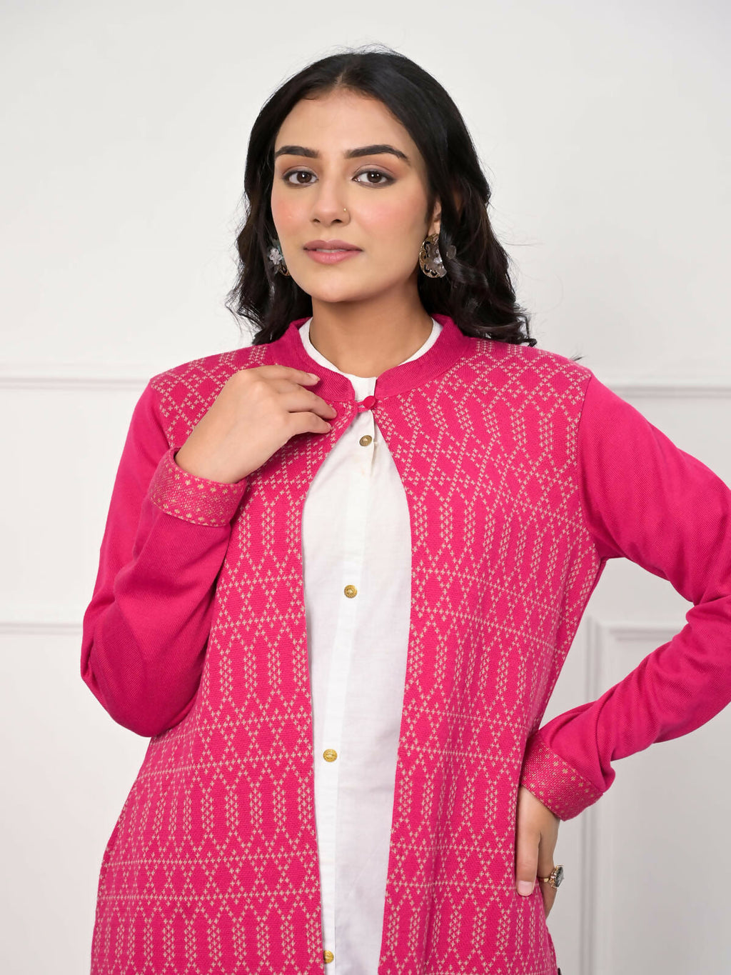 Juniper Women's Pink Ethnic Motif Printed Cotton Long Winter Wear Jacket | Grocsy
