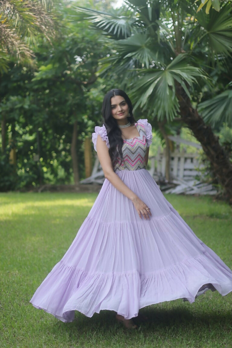 Jyoti Fashion Women's Purple Sequins Thread Embroidery Faux Georgette Anarkali Dress | Grocsy