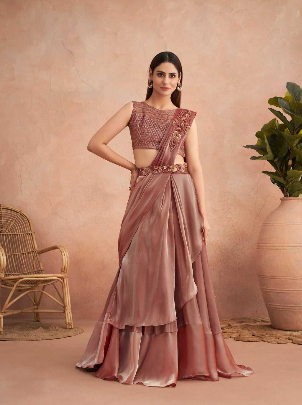 Pink Satin Embroidered Ready To Wear Saree With Unstitched Blouse Piece - Nandika | Grocsy