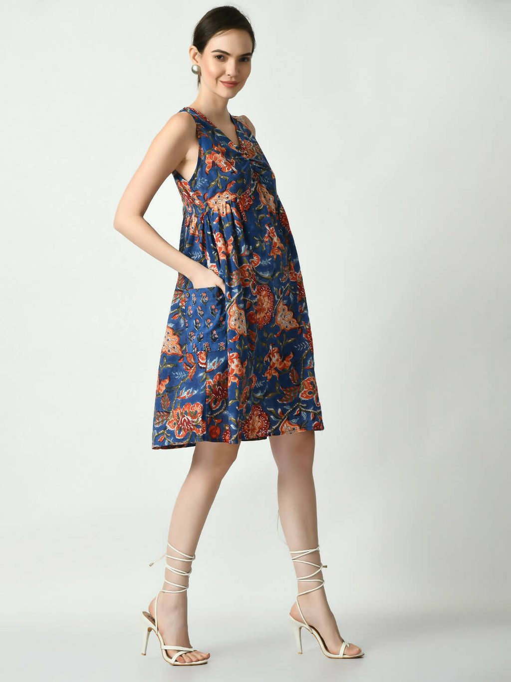 Myshka Women's Blue Floral Printed A-Line Dress | Grocsy