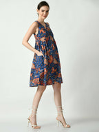 Myshka Women's Blue Floral Printed A-Line Dress | Grocsy