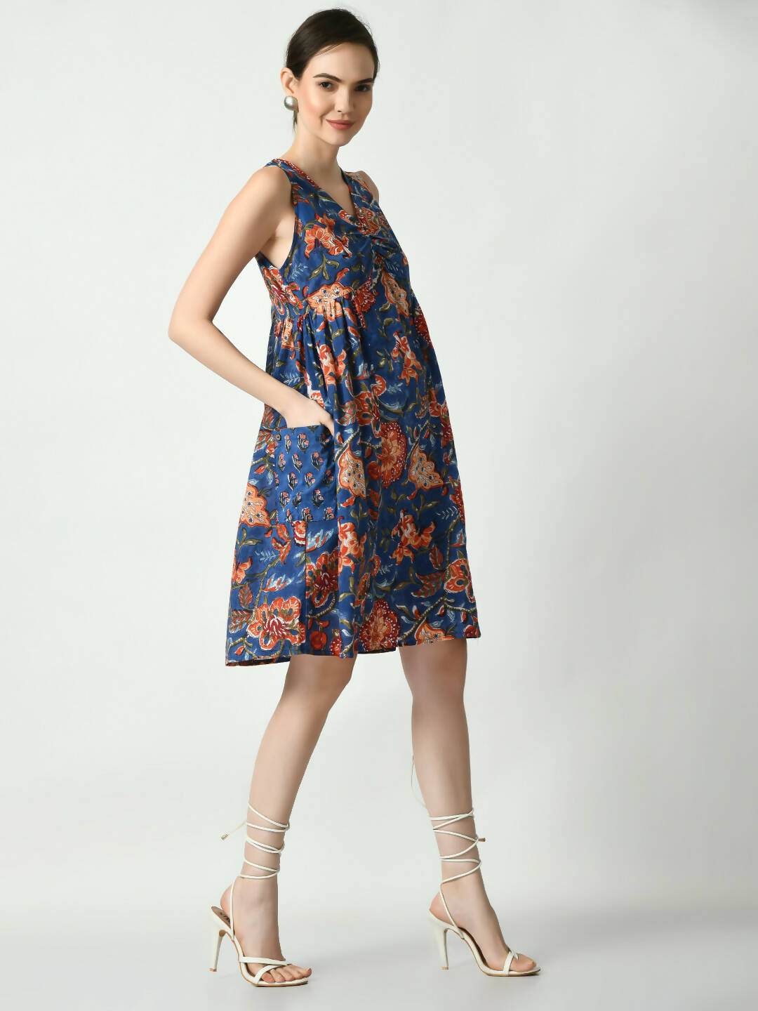 Myshka Women's Blue Floral Printed A-Line Dress | Grocsy