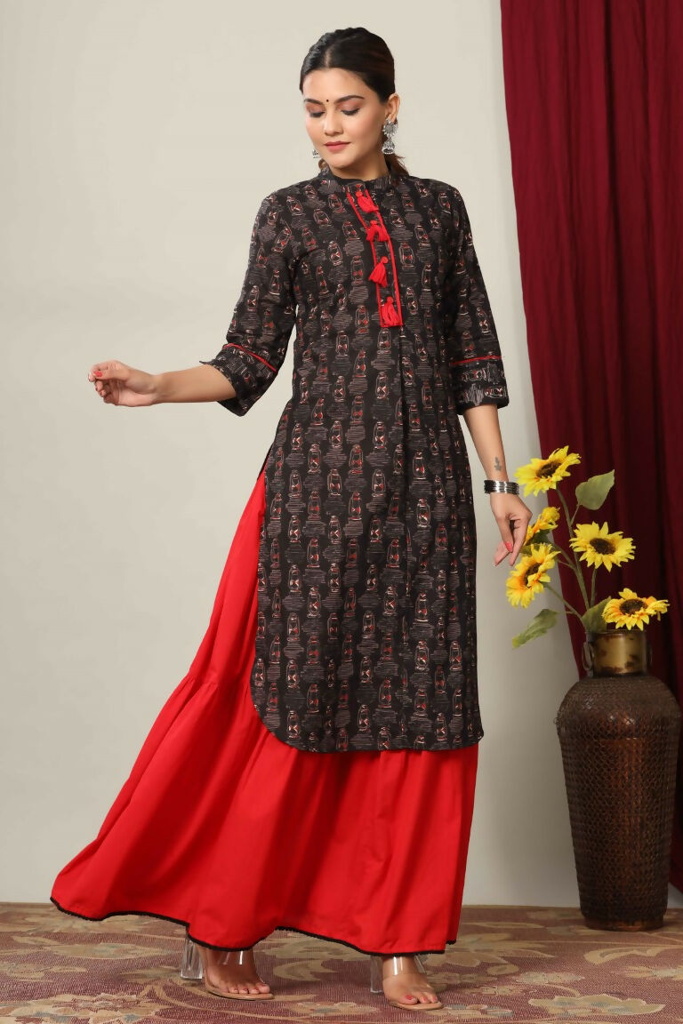 Miravan Women's Black Printed Pure Cotton Kurta With Skirt | Grocsy