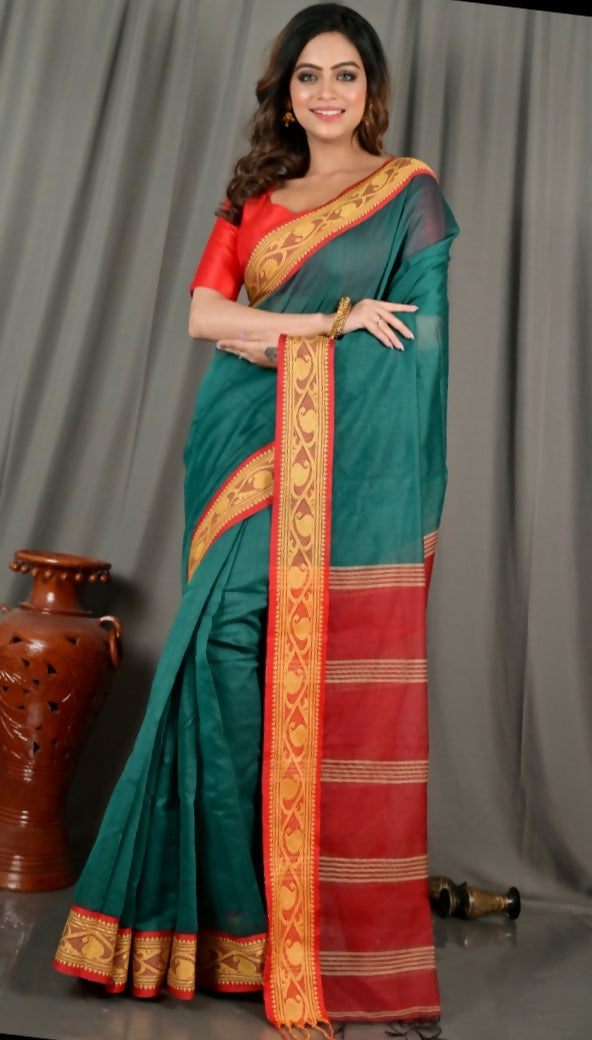 Exclusive Collection Beautiful Khadi Cotton Green Handloom Saree | Grocsy