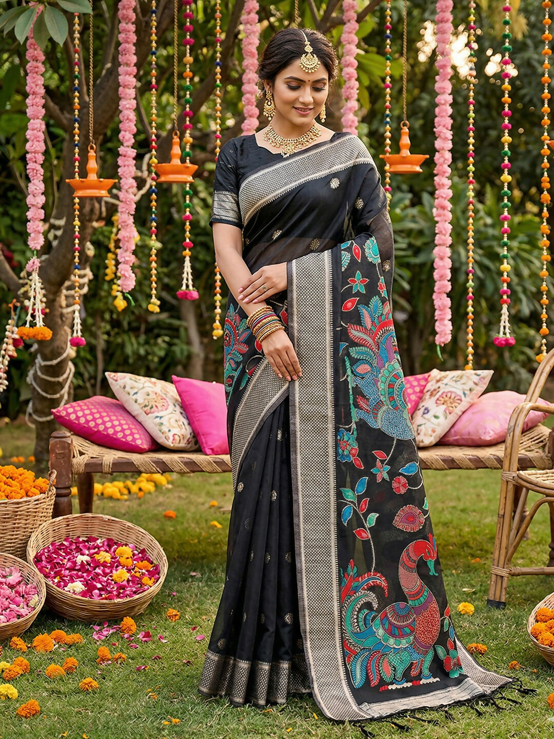 Shree Shyam Fashion Black Linen Cotton Saree | Grocsy