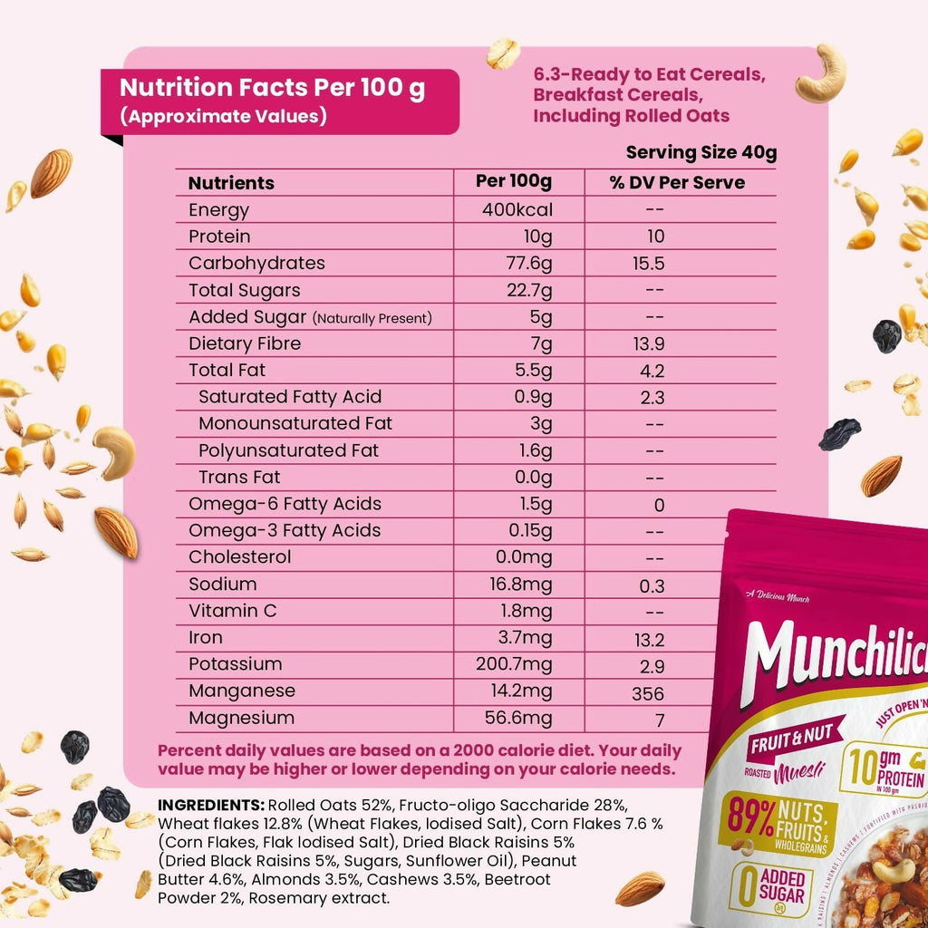 Munchilicious Muesli - Fruit & Nut, 75% Nuts, Grains, Seeds, Fruits & Berries | Grocsy