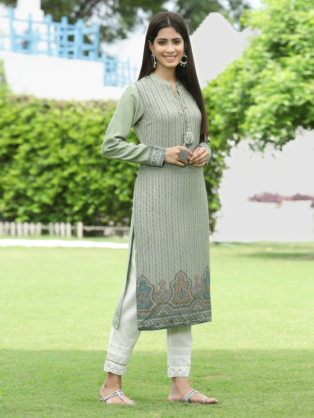 Juniper Green Ethnic Motif Printed Acrylic Straight Kurta. | Grocsy