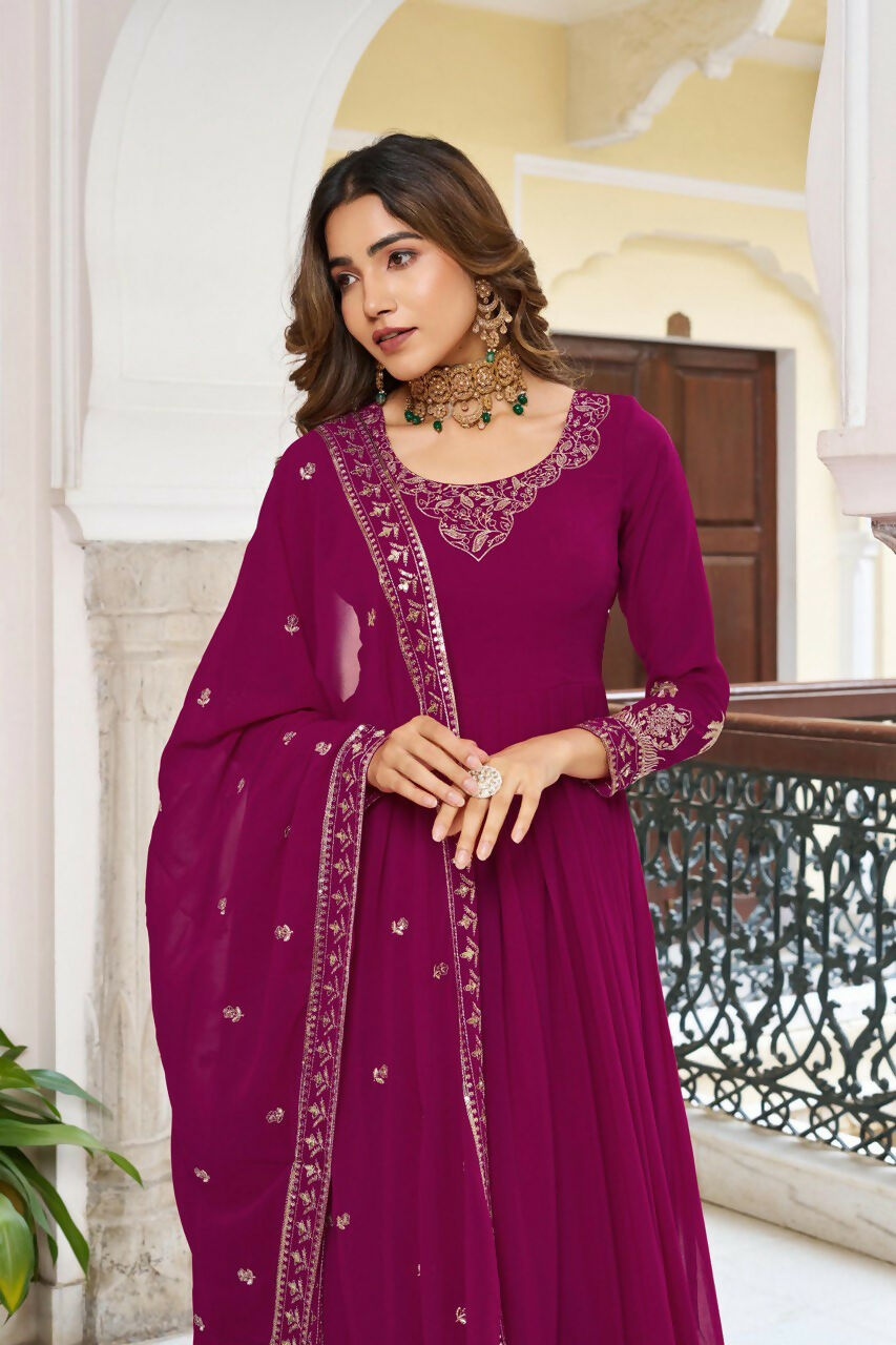 The52 Women's Gorgeous Faux Georgette Fabric Embroidery Work Flared Anarkali Pant and Dupatta Set | Grocsy