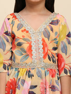 Alakhi Studio Girls Floral Georgette Printed V-Neck Kurta With Sharara - Mustard | Grocsy