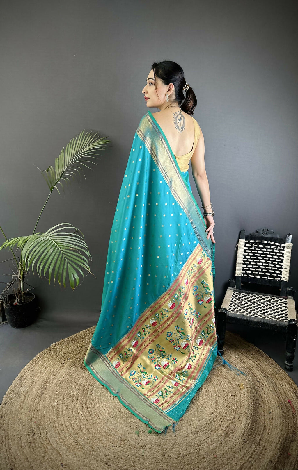 Joban Fashion Teal Butti Woven Soft Lichi Silk Paithani Saree | Grocsy