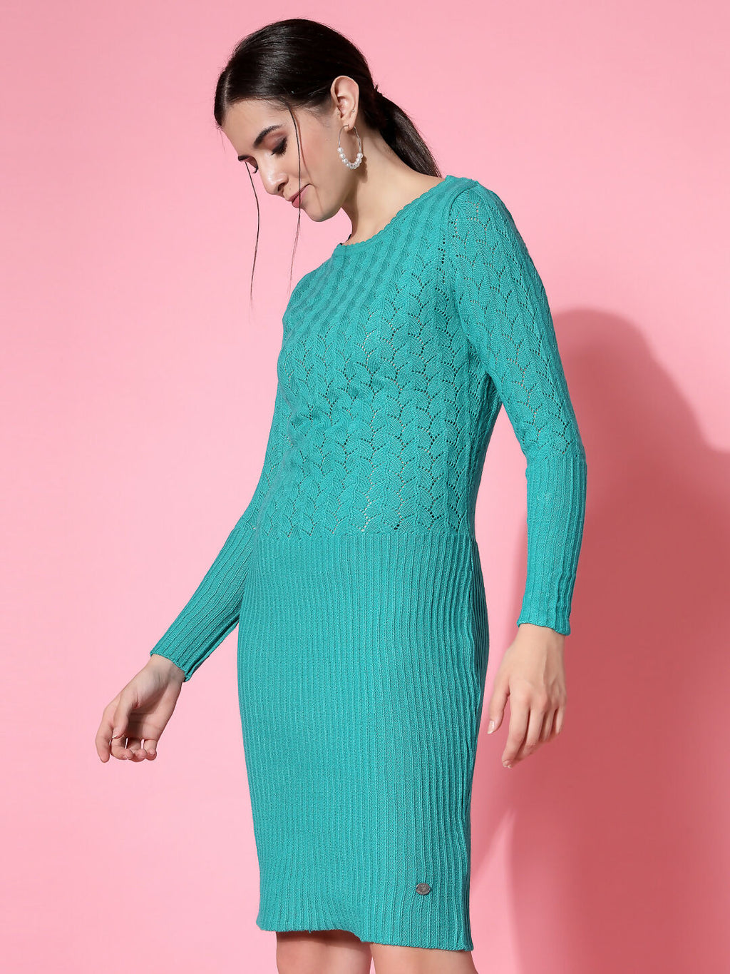 Women Green Acrylic Self Design Winter Dress - Wool Trees | Grocsy