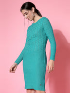 Women Green Acrylic Self Design Winter Dress - Wool Trees | Grocsy