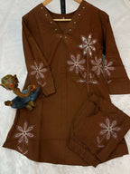 Teeya Creation New Latest Stylish Elegant Brown Embroidered Kurti with Matching Pants Co-ord Set | Grocsy