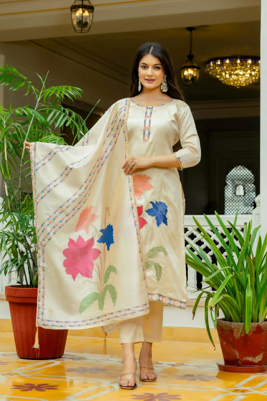 The52 Chiku Women's Beautiful Thread Work Viscose Assam Silk Fabric with Straight Kurta, Pant and Dupatta Set | Grocsy