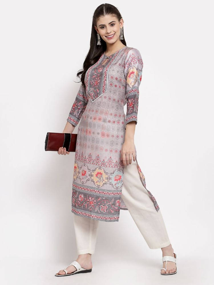 Myshka Women's Beautiful Multi Cotton Printed 3/4 Sleeve Round Neck Casual Kurta | Grocsy