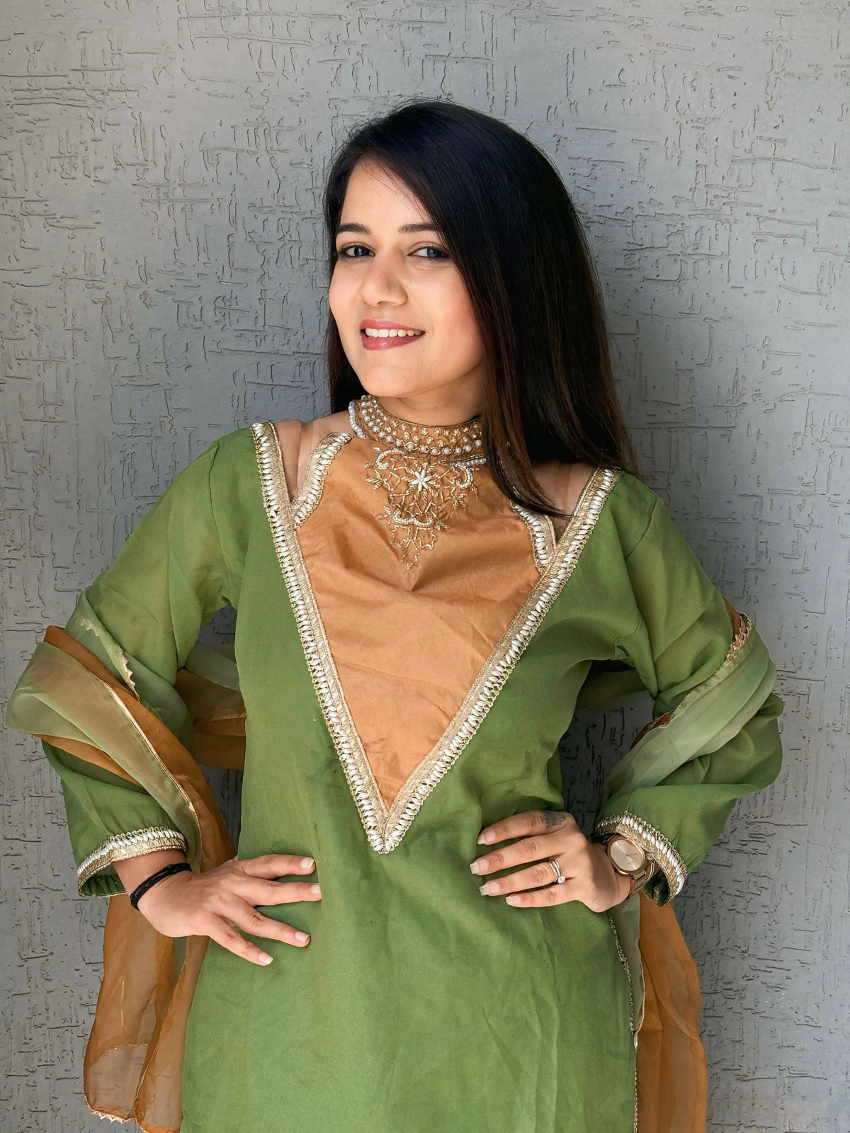 Anaita Parrot-Green Roman Shimmer Readymade Kurti Set with Designer Handwork | Grocsy