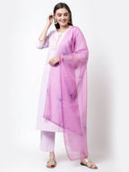 Myshka Light Purple Cotton Solid 3/4 Sleeve Round Neck Casual Kurta Pant Dupatta Set | Grocsy