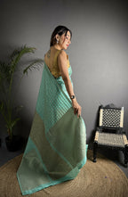Joban Fashion Light Blue Banarasi Soft Lichi Silk Checks & Woven Saree | Grocsy