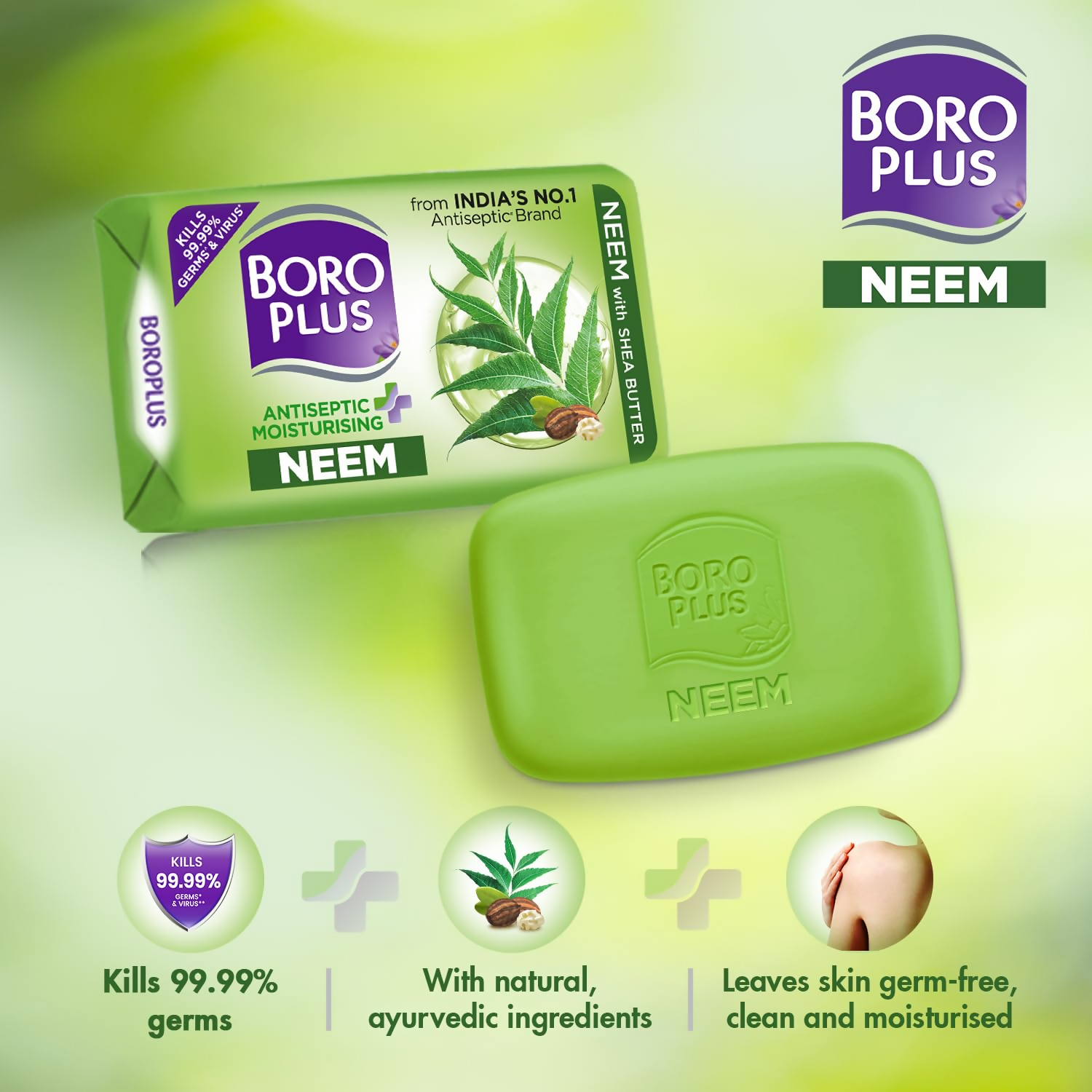BoroPlus Antiseptic And Moisturising Bathing Neem Soap With Neem, Tea Tree, Aloe Vera & Shea Butter | Grocsy
