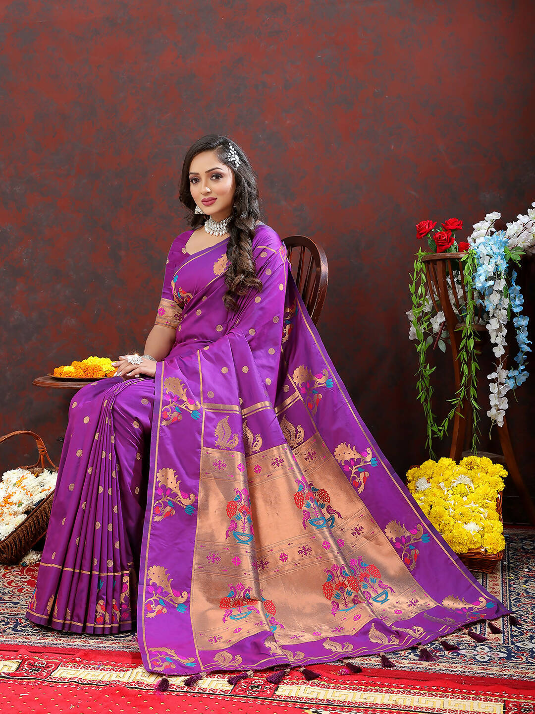 Lorenvalley Fashion Wine Soft Paithani Silk Woven Design Copper Zari Meenakari Weaving Saree | Grocsy