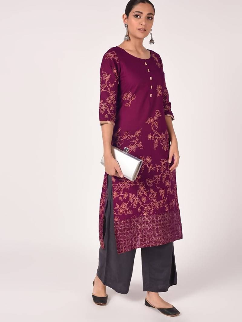 Cheera Hand Block Print Purple Color Straight Kurta | Grocsy