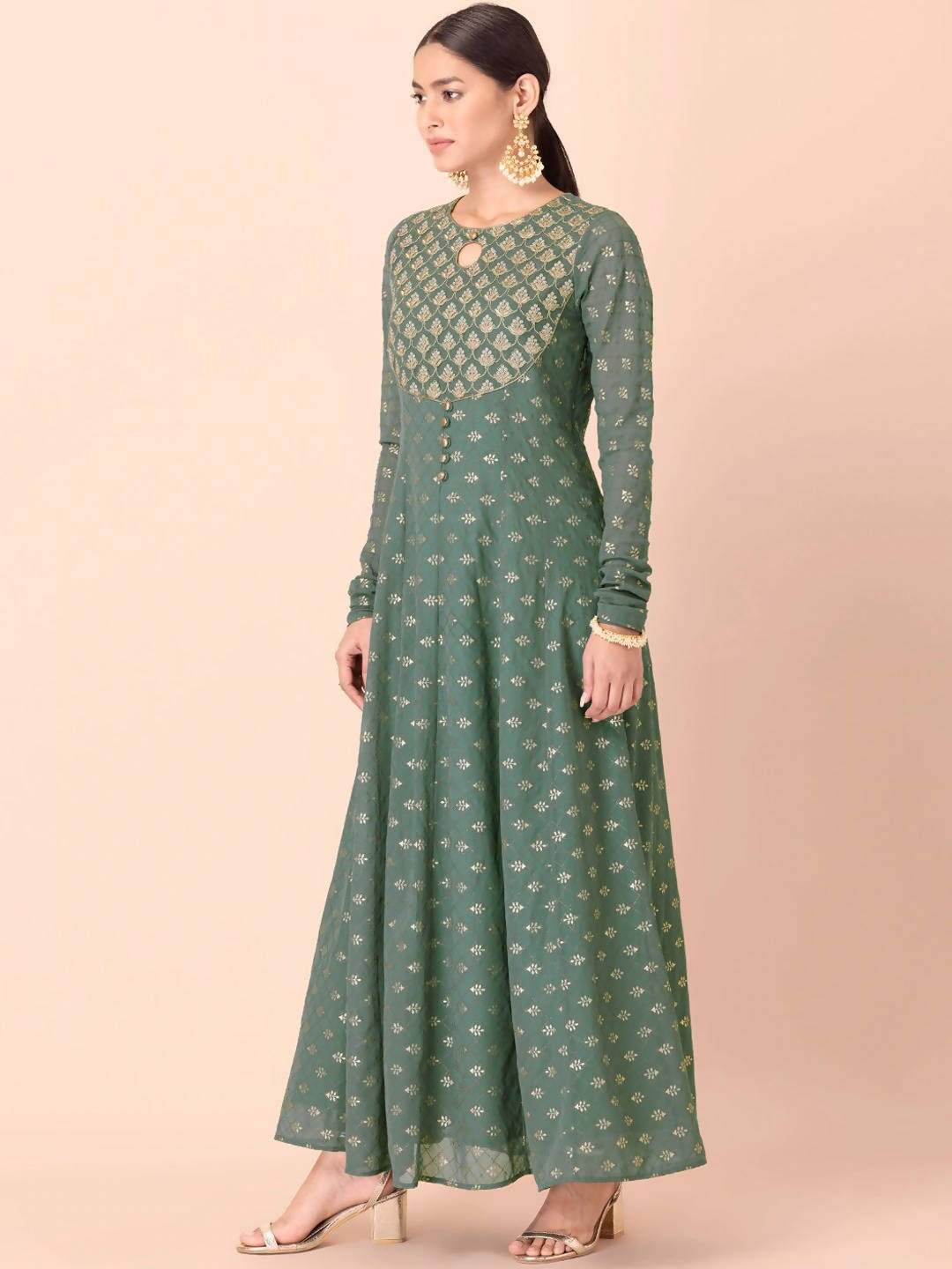 Indya Green & Gold-Toned Ethnic Motifs Printed Georgette Anarkali Kurta | Grocsy
