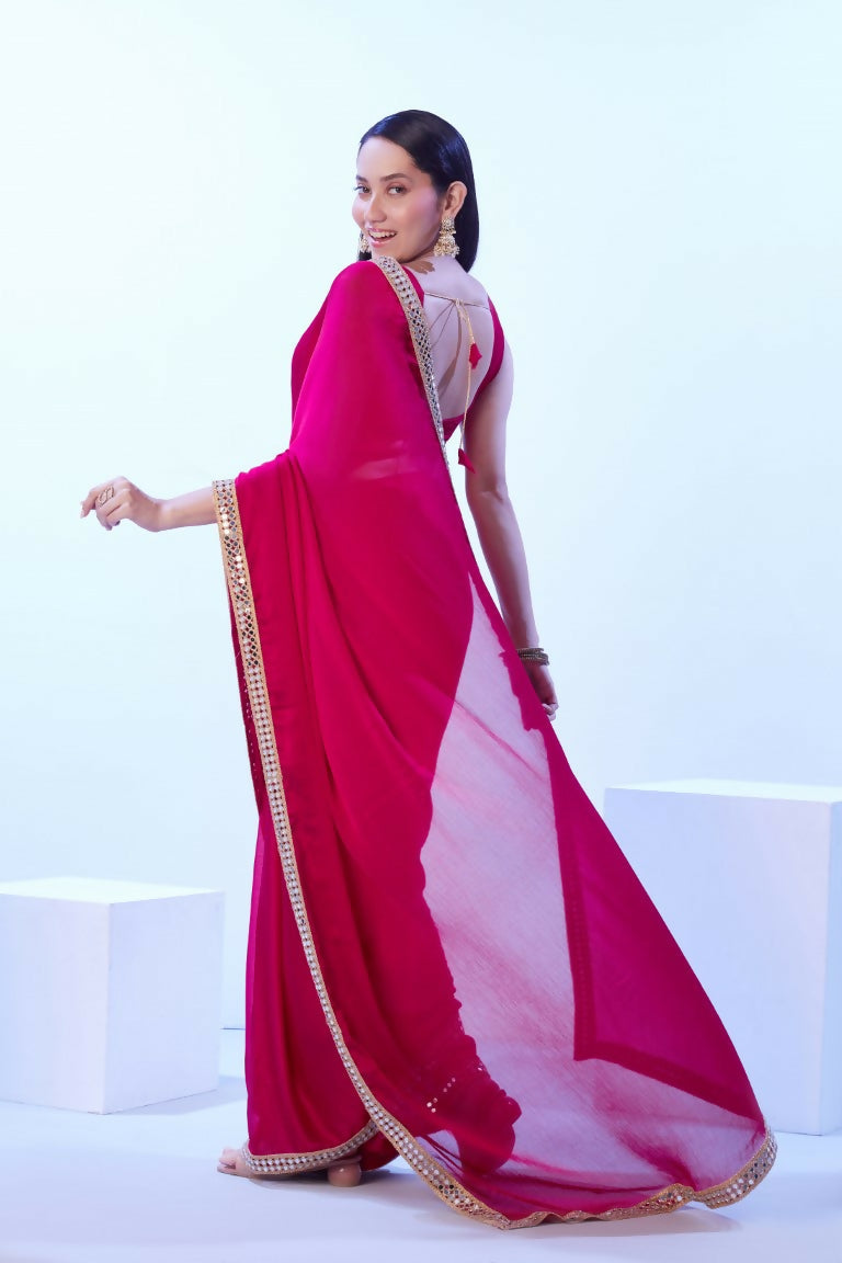 Pink Satin Chiffon Solid Designer & Lace Work Saree - Samaa | Grocsy
