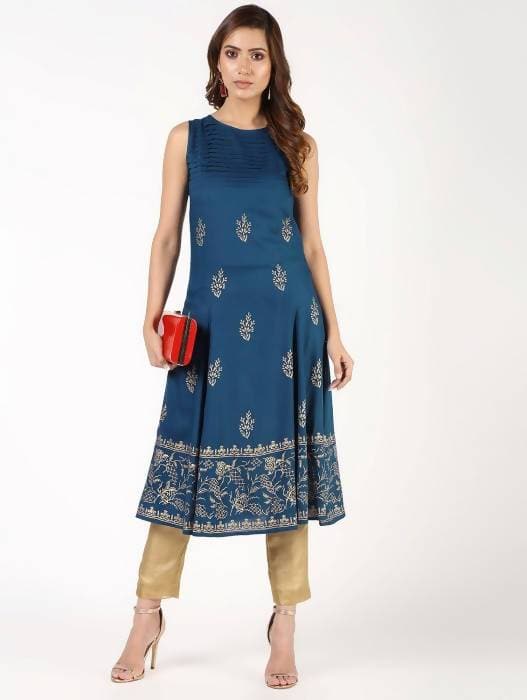 Aniyah Rayon Block Print Flared Blue Kurta (AN-149K) | Grocsy
