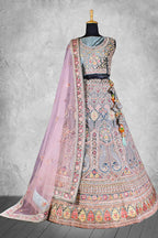 Blue & Pink Velvet Hand Work Semi Stitched Lehenga Choli with Dupatta - Nimaya Lagnotsav | Grocsy