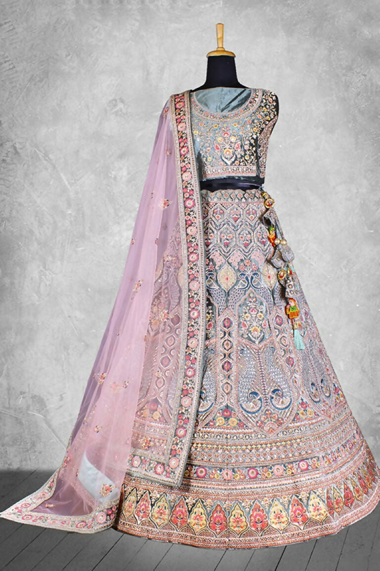 Blue & Pink Velvet Hand Work Semi Stitched Lehenga Choli with Dupatta - Nimaya Lagnotsav | Grocsy