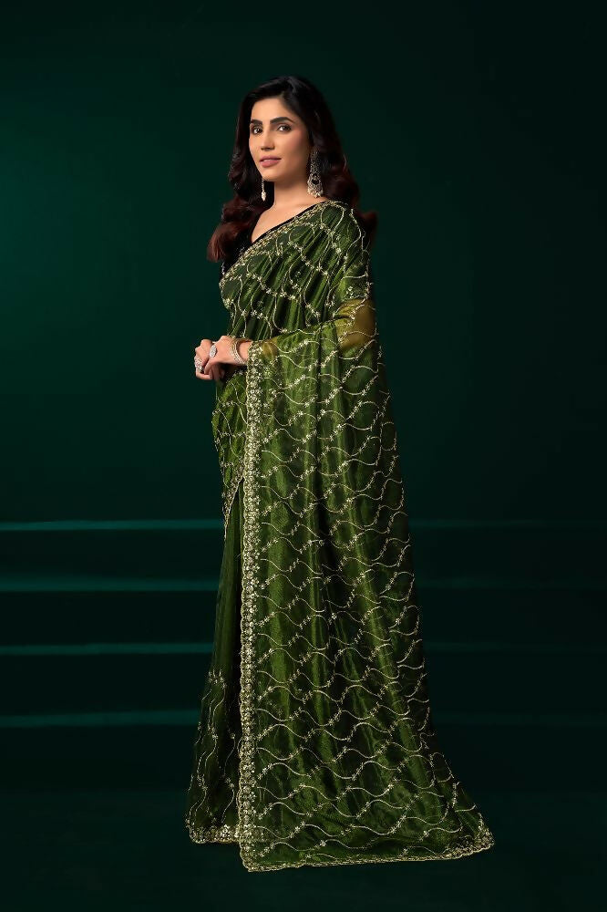 Joban Fashion Green Net Party Wear Sarees | Grocsy