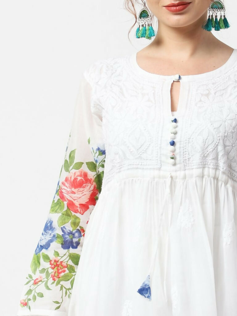 Cheera Women Stylish Hand Chikenkari And Digital Printe Cotton Organza Flared Anarkali Kurta - White | Grocsy