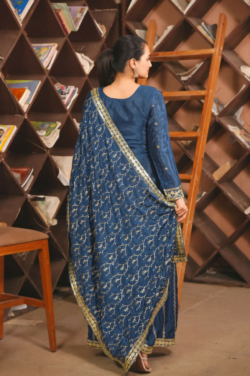 Teeya Creation Blue Color Chinon Silk Wedding Wear Trending Palazzo Set | Grocsy