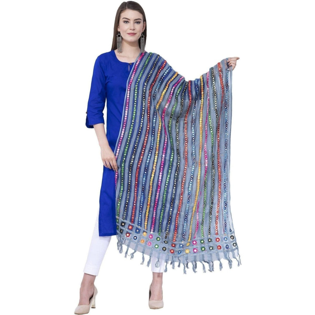 A R Silk Light Firozi Color Multi stripe Orgenza Cotton Dupattas and Chunnis | Grocsy