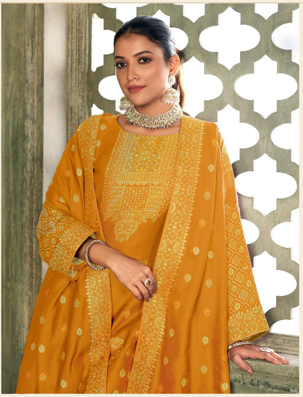Mustard Viscose Pasmina Mina Work Kurta & Bottom with Dupatta - Paridhi | Grocsy