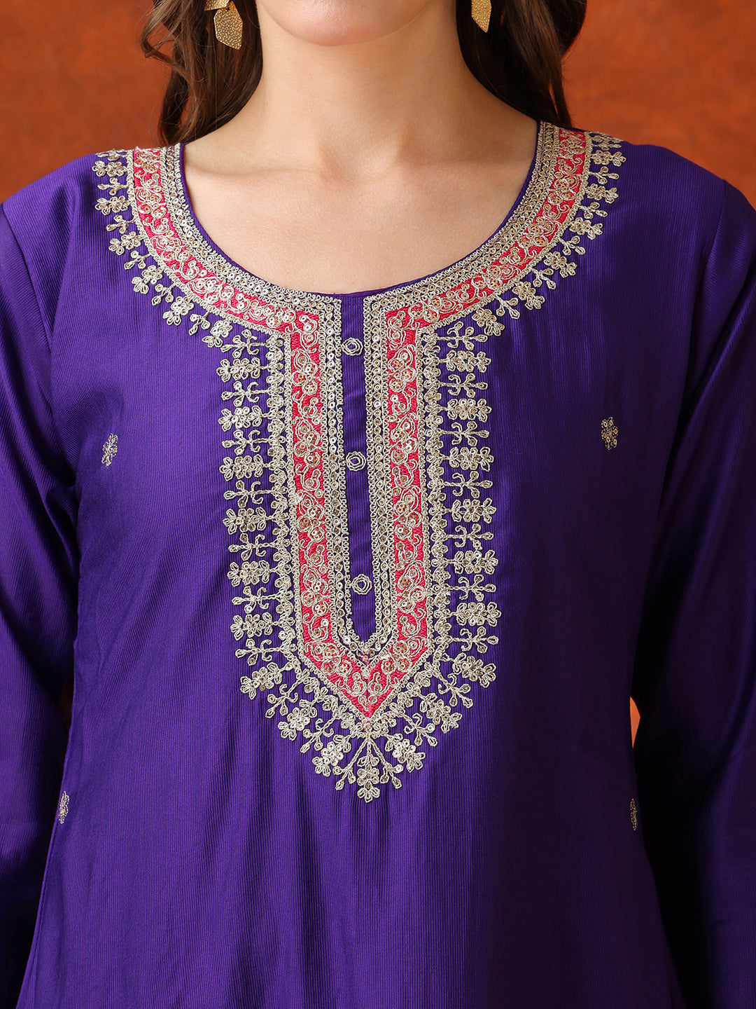 Sequin & Thread Embroidered Kurta With Pant & Embroidered Dupatta, Purple - Hiral Fashion | Grocsy