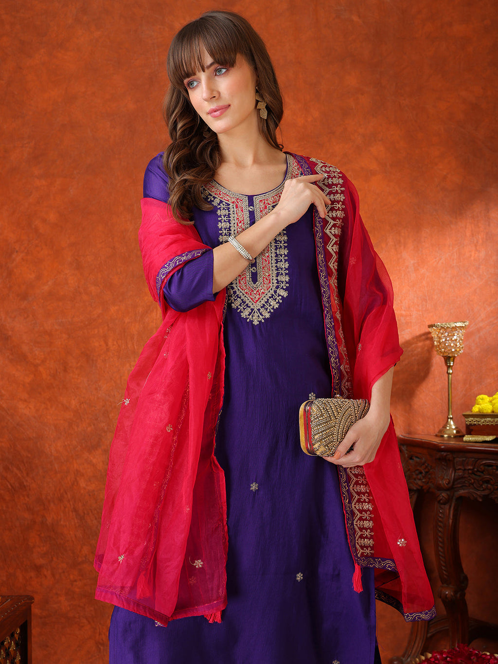 Sequin & Thread Embroidered Kurta With Pant & Embroidered Dupatta, Purple - Hiral Fashion | Grocsy