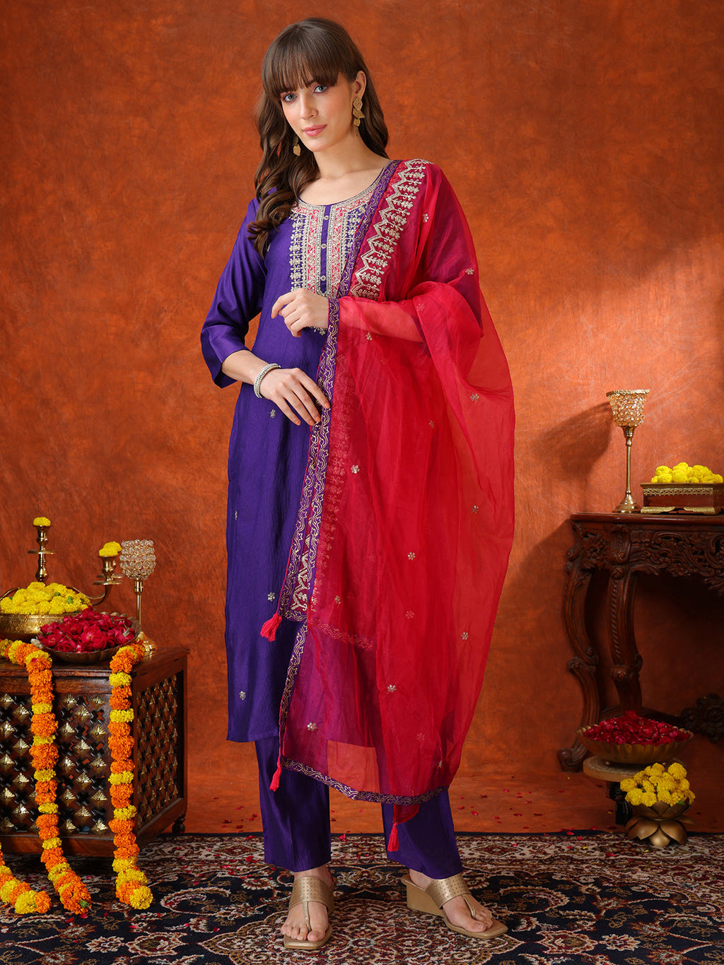 Sequin & Thread Embroidered Kurta With Pant & Embroidered Dupatta, Purple - Hiral Fashion | Grocsy