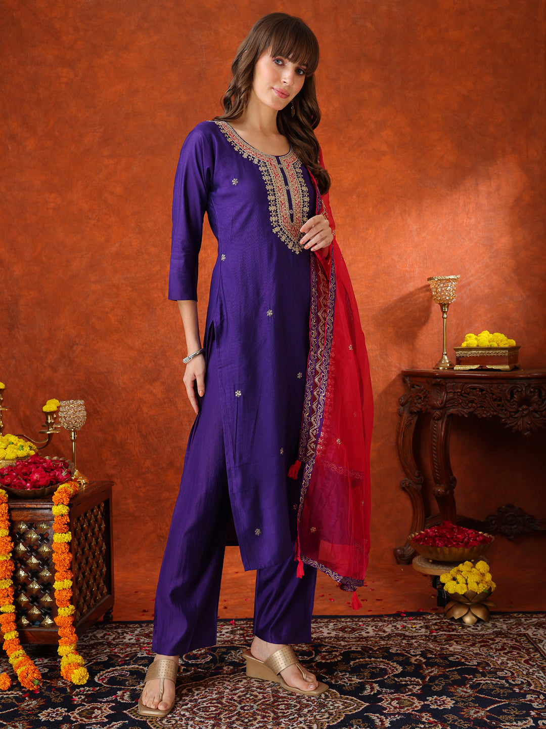 Sequin & Thread Embroidered Kurta With Pant & Embroidered Dupatta, Purple - Hiral Fashion | Grocsy